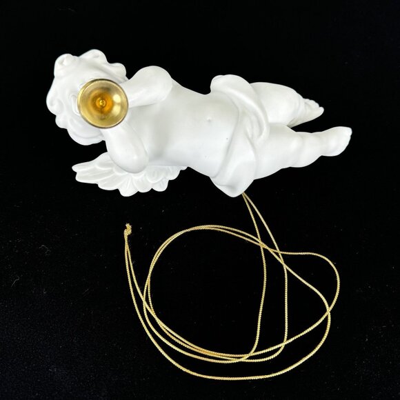 Vintage Porcelain Cherub Angel Hanging Figurine Gold Cord Brass Trumpet Ornament - Picture 7 of 16